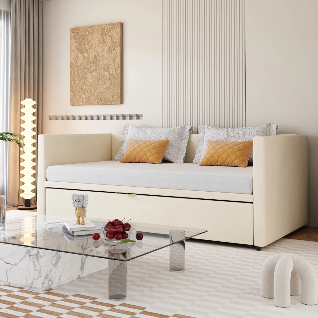 Letto divano estraibile 90 × 200 cm e 180 × 200 cm con telaio supplementare, senza materasso, in velluto beige