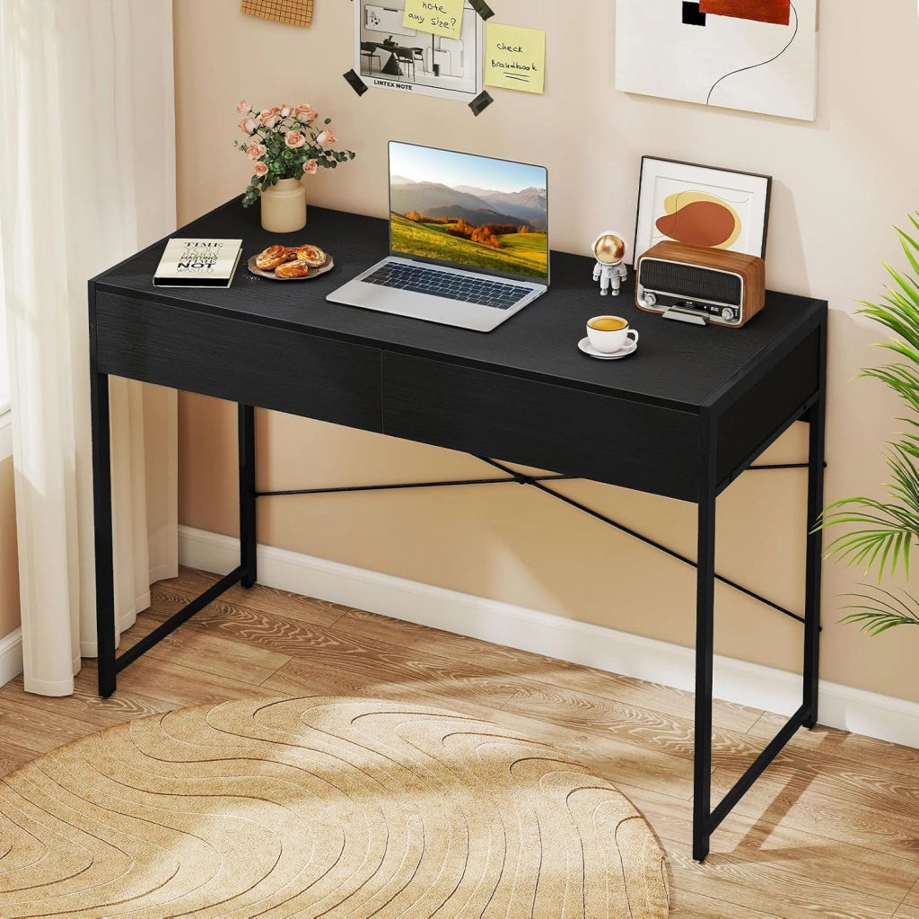 Scrivania per Computer con 2 Cassetti, Scrivania Porta PC con Telaio in Metallo e Legno, Posizione da Lavoro per Studio e Ufficio, Portata 100 kg, 112 x 48 x 76 cm (Nero)