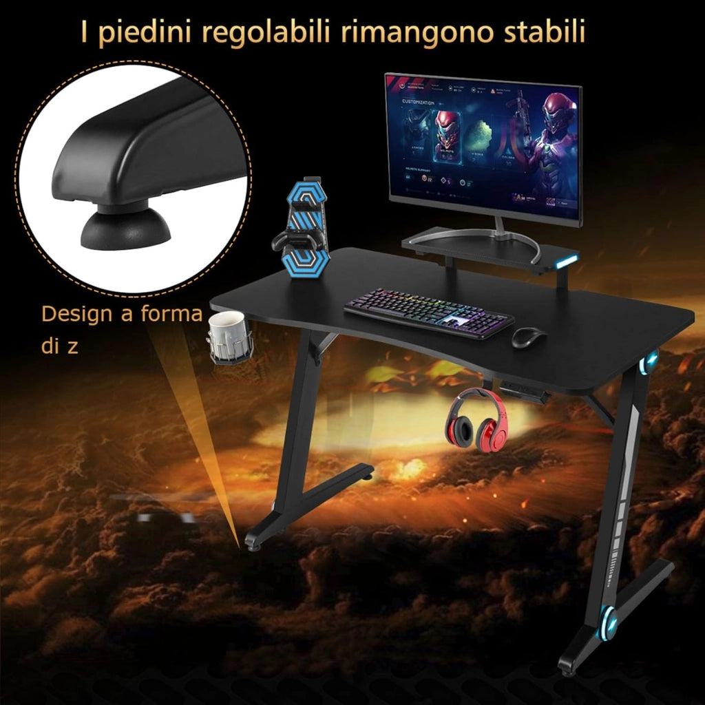 Scrivania da Gaming con Alzata e Luci RGB, Postazione da Gaming per Computer, con Porta Bicchiere e Gancio per Cuffie