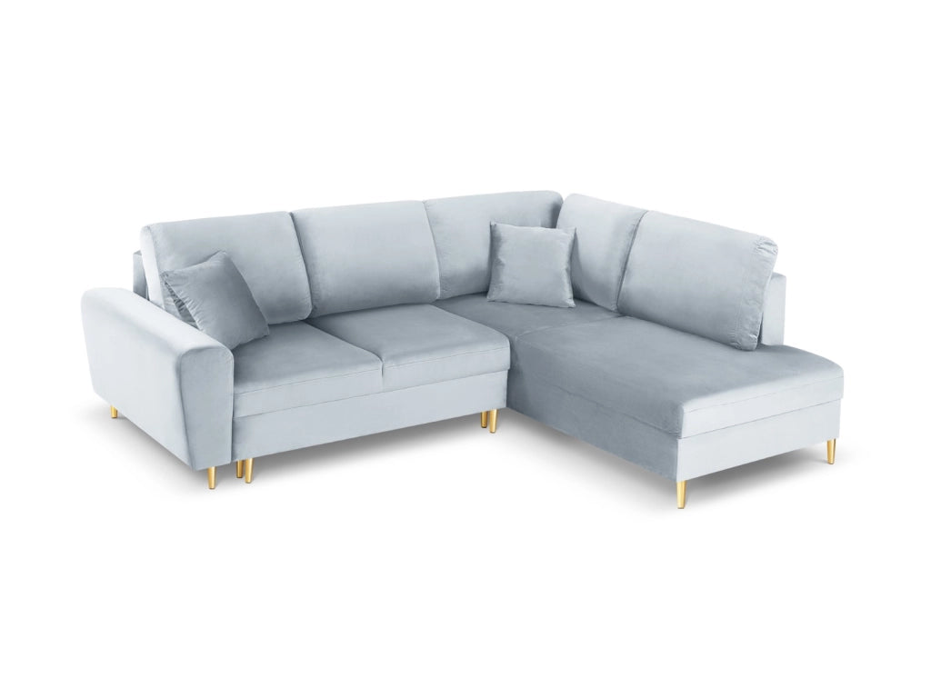 Cosmopolitan Design - Divano convertibile angolare destro con contenitore "Kyoto" 5 posti in velluto azzurro 
