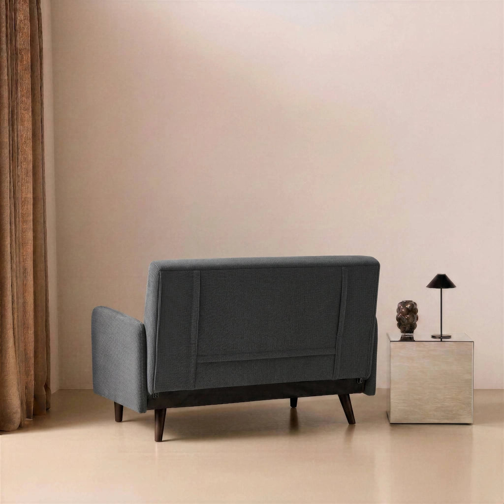 Divano letto in velluto a coste con gambe in legno, 2 posti, grigio