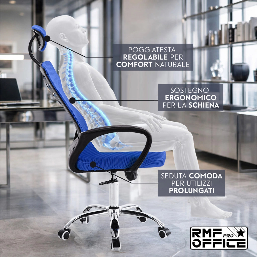 RMF Sedia Ufficio Ergonomica Professionale Reclinabile, Sedia Scrivania in Rete con Seduta Comoda e Rilassante - Poltrona Relax Ufficio con Ruote Girevoli Altezza Regolabile BLU