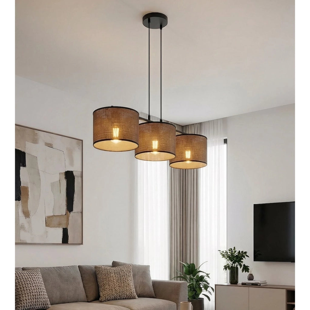 Lampada a sospensione ECO in acciaio nero e tessuto marrone