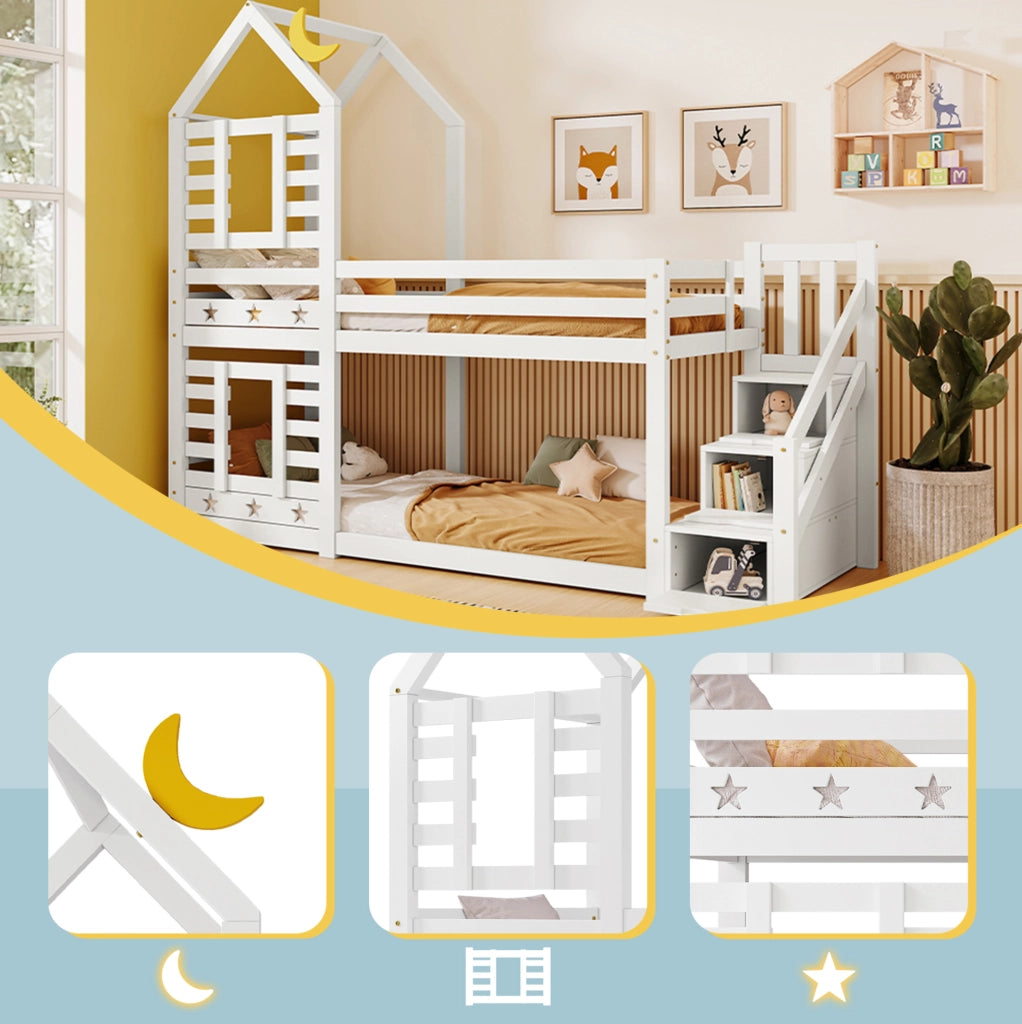 Letto a castello per bambini a casetta con cassetti 90x200 cm