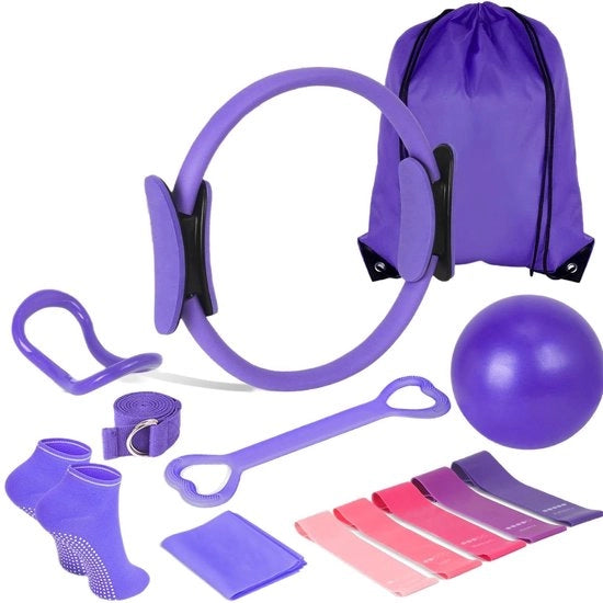 Kit di Pilates per Donne - 13 pezzi di attrezzatura di Pilates con Anello di Pilates 13" - 9" Bambù Yoga - Asciugamano per bagno - 6 cavi di resistenza per stretching di Pilates per principianti