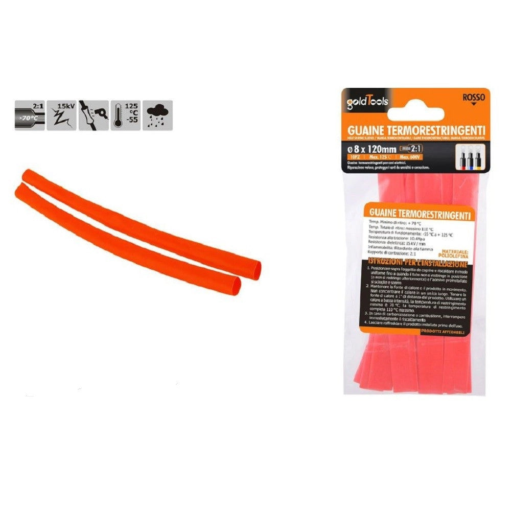 Trade Shop - Set 10pz Guaine Termorestringenti Termoretrattili Rosse 8x120 Mm Per Cavi 57084 -
