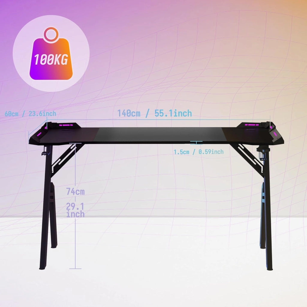 Tavolo da gioco con LED, 140 x 60 cm, scrivania per computer con superficie in fibra di carbonio, scrivania da ufficio, tavolo con gancio per cuffie e porta bevande, nero