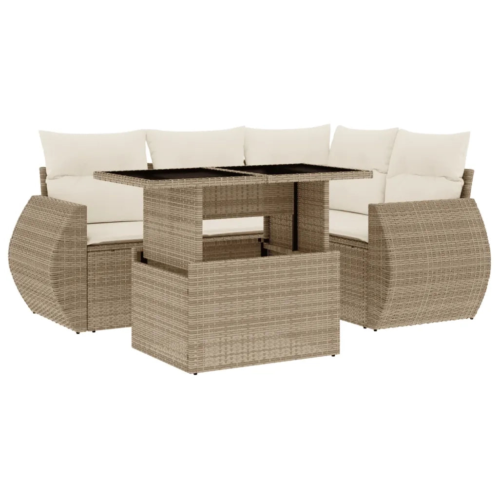 Set Divano da Giardino 5 pz con Cuscini Beige in Polyrattan
