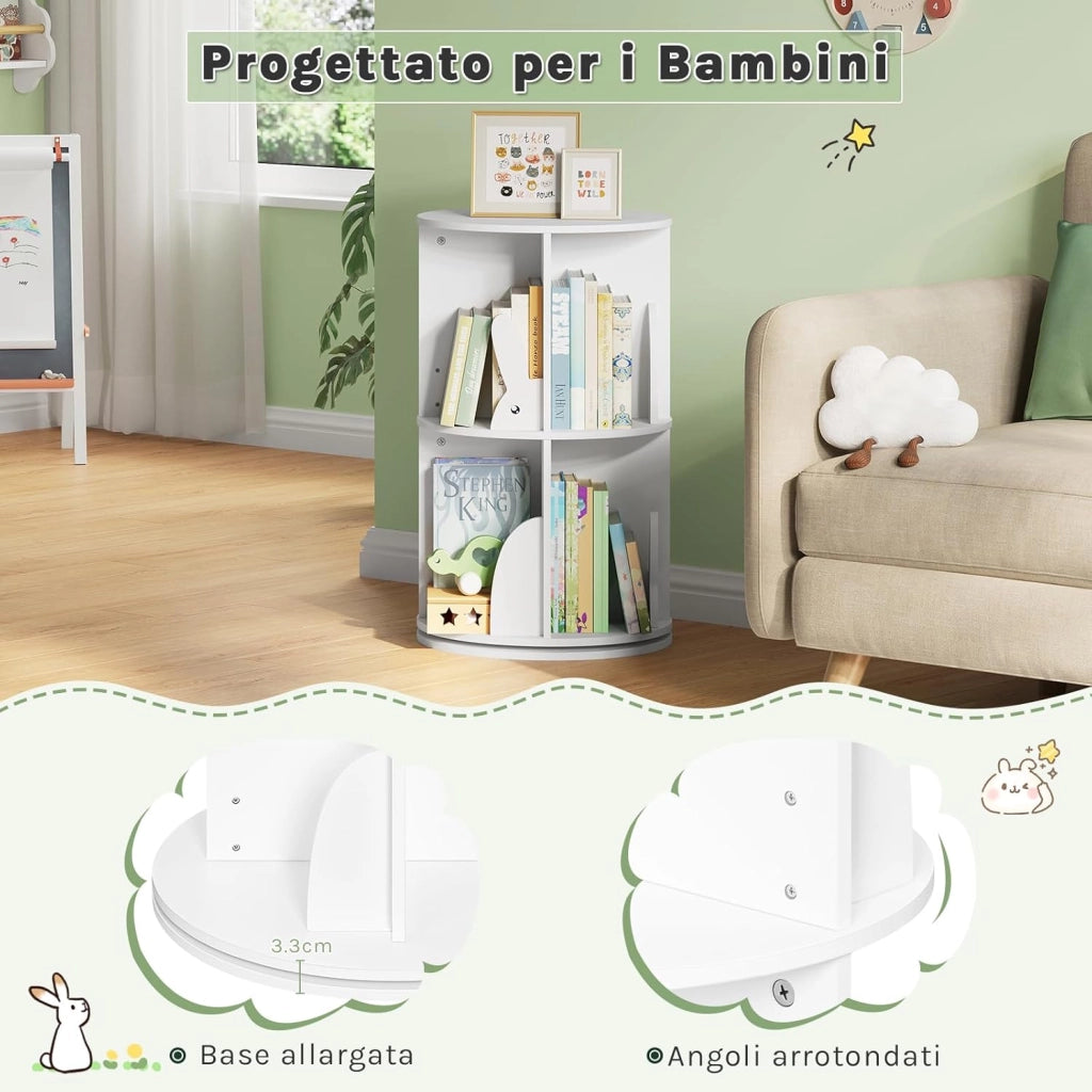 Libreria Rotante per Bambini a 2 Livelli, Porta Libri Girevole, Bianca per Soggiorno, Studio, Ufficio, Scaffale in Legno Autoportante