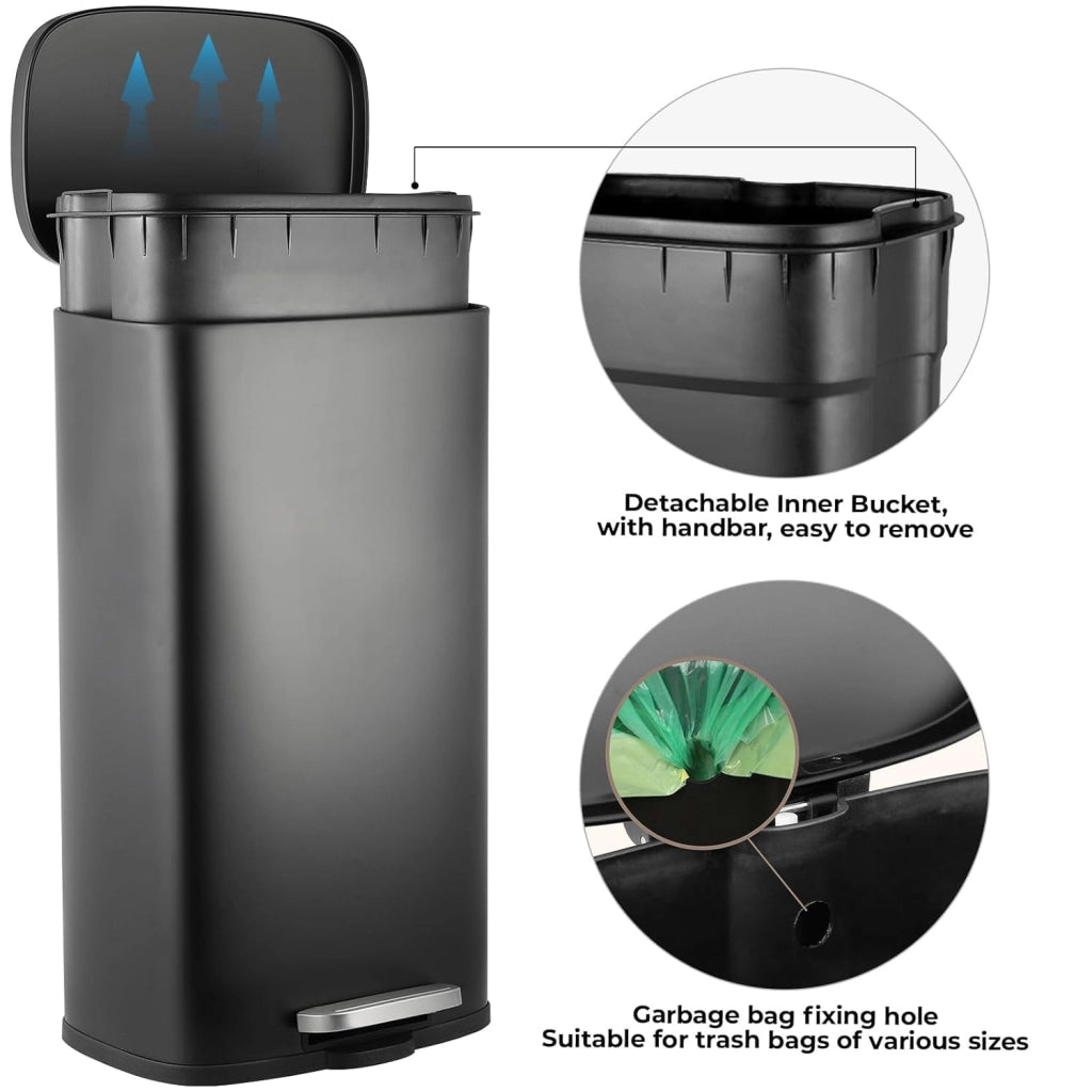 Set Pattumiera Cucina 50l + 5l, Set di Cestino a Pedale in Acciaio, con Chiusura Silenziosa, Secchio Interno, isolare gli odori, Grande Pattumiera, per Ufficio, Casa, Camera, Nero