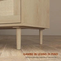 Cassettiera 6 Cassetti in Legno e Rattan Stile Boho per Soggiorno e Camera da Letto, 110x40x75 cm