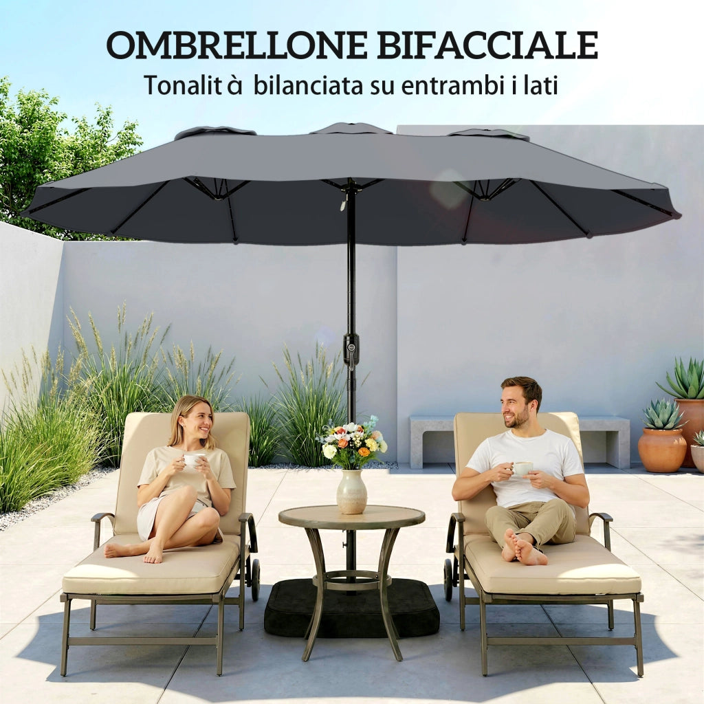 Ombrellone Doppio a 12 Stecche con Manovella, Base a Croce e Sacchi, in Metallo e Poliestere, 3x1.5 m, Grigio Scuro