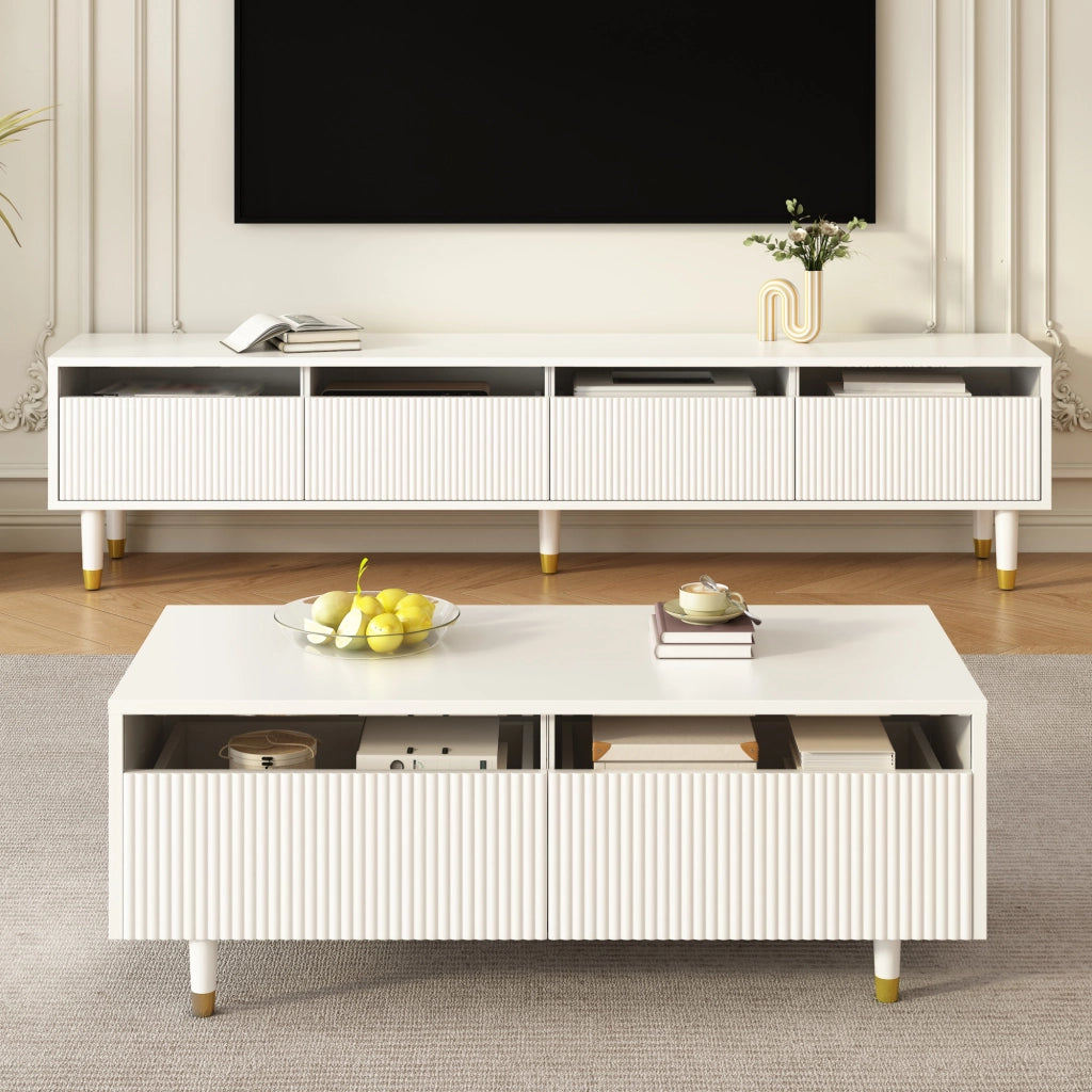 Set soggiorno moderno con mobile TV a 4 ante e tavolino con 2 cassetti, LED 7 colori, MDF bianco