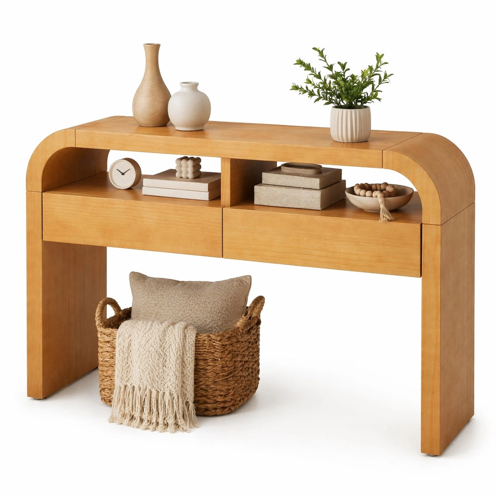 Tavolo consolle con 2 cassetti e ripiani aperti; MDF naturale; 120 x 35;5 x 76;5 cm