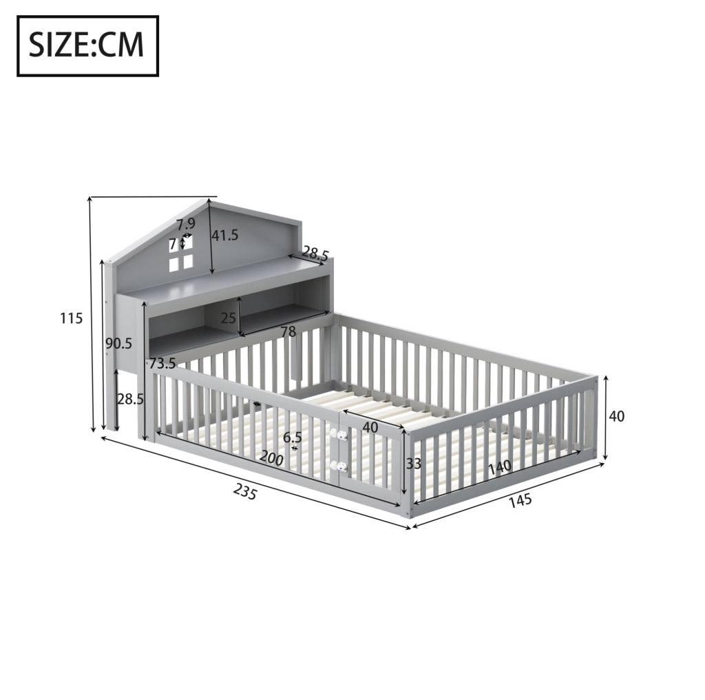 Letto per bambini 140x200 cm a casetta con lavagna; ripiani e barriera grigio