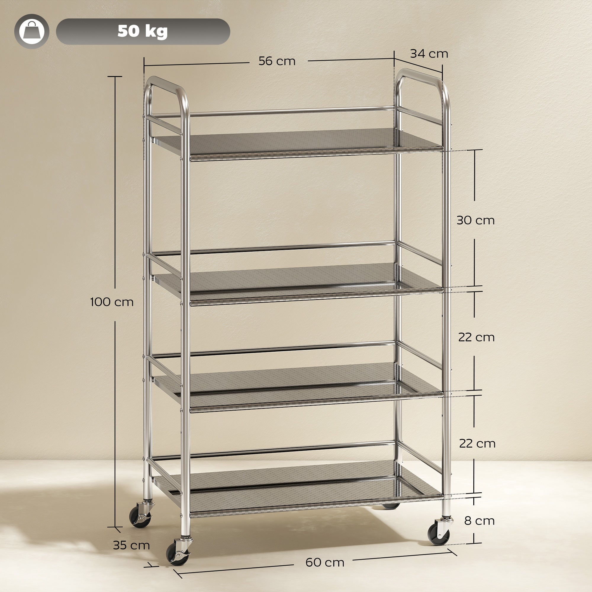 Carrello da Cucina Multiuso a 4 Livelli 60x35x100 cm in Acciaio Inox