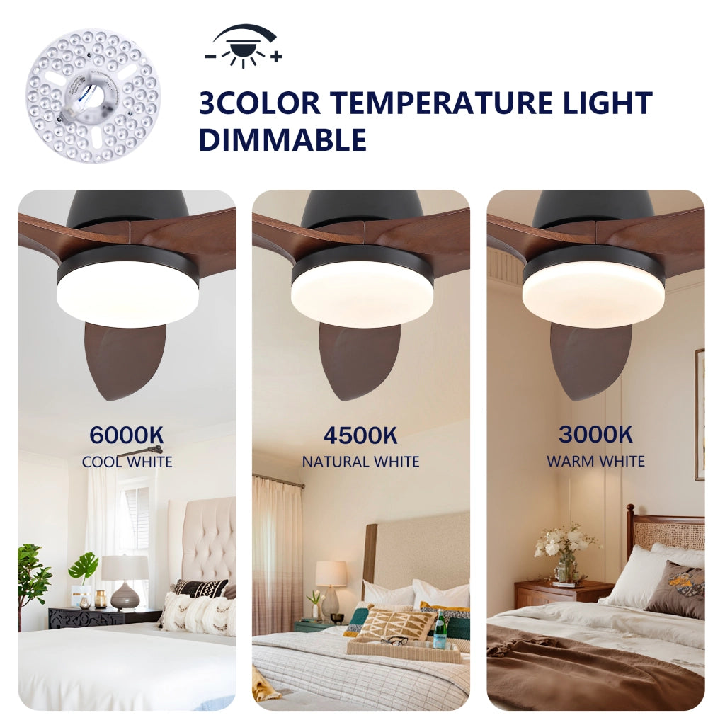 Ventilatore da soffitto nero moderno 42 pollici, dimmerabile 3 tonalit¨¤, pale legno massello, manopola, motore DC reversibile