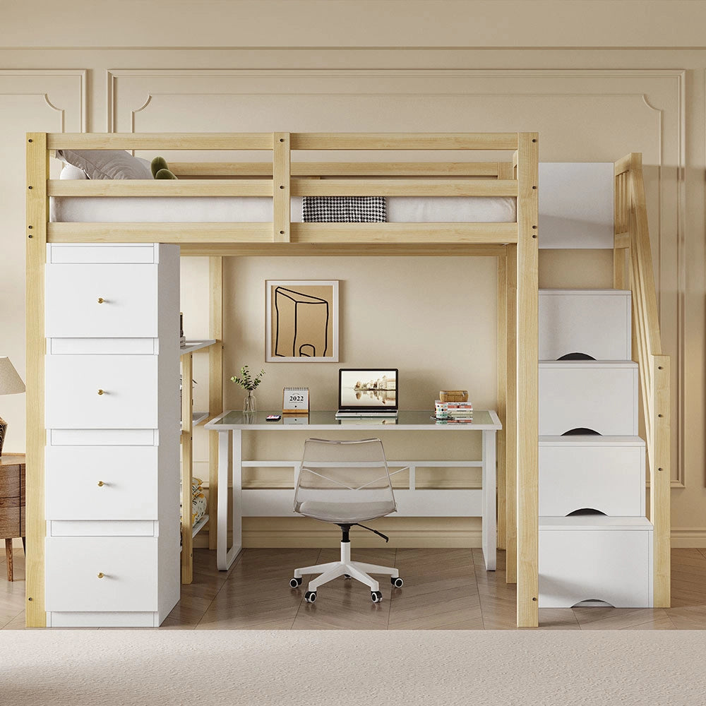 Letto a soppalco 140x200 cm - Xylo - Con cassetto e comodino, colore legno