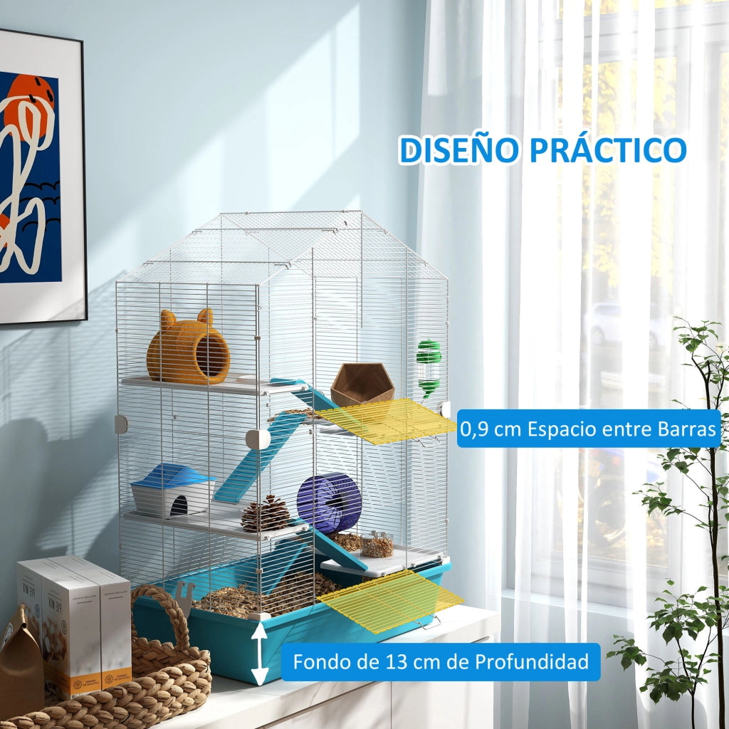 Gabbia per Criceti a 5 Livelli con Piattaforme, Casetta, Rampas e Ruota ¨C Zephmum ¨C 58x36x81cm Azzurro