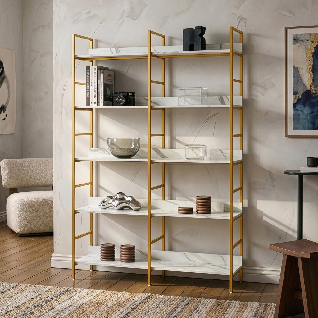 Libreria Noskik Scaffale da Terra con Ripiani 180 x 120 x 30 cm - Color Oro / Effetto Marmo Bianco [en.casa]