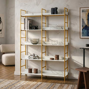 Libreria Noskik Scaffale da Terra con Ripiani 180 x 120 x 30 cm - Color Oro / Effetto Marmo Bianco [en.casa]