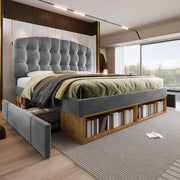 Letto matrimoniale 140x200 cm, rivestimento in velluto, testiera regolabile, 2 cassetti, grigio
