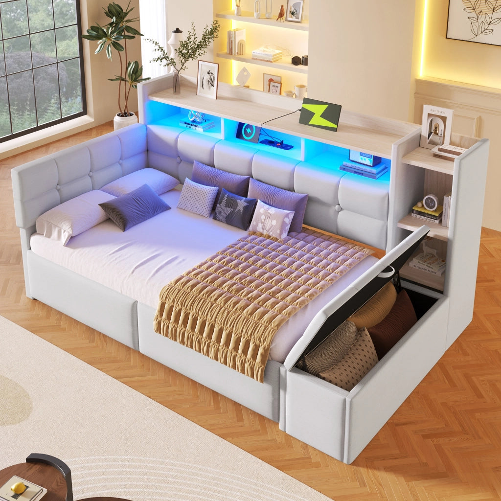 OKWISH Letto Divano 90×190 cm, Letto Singolo con 2 Cassetti, USB, Type-C, Mensola e LED Regolabile, senza Materasso, in Velluto, Bianco