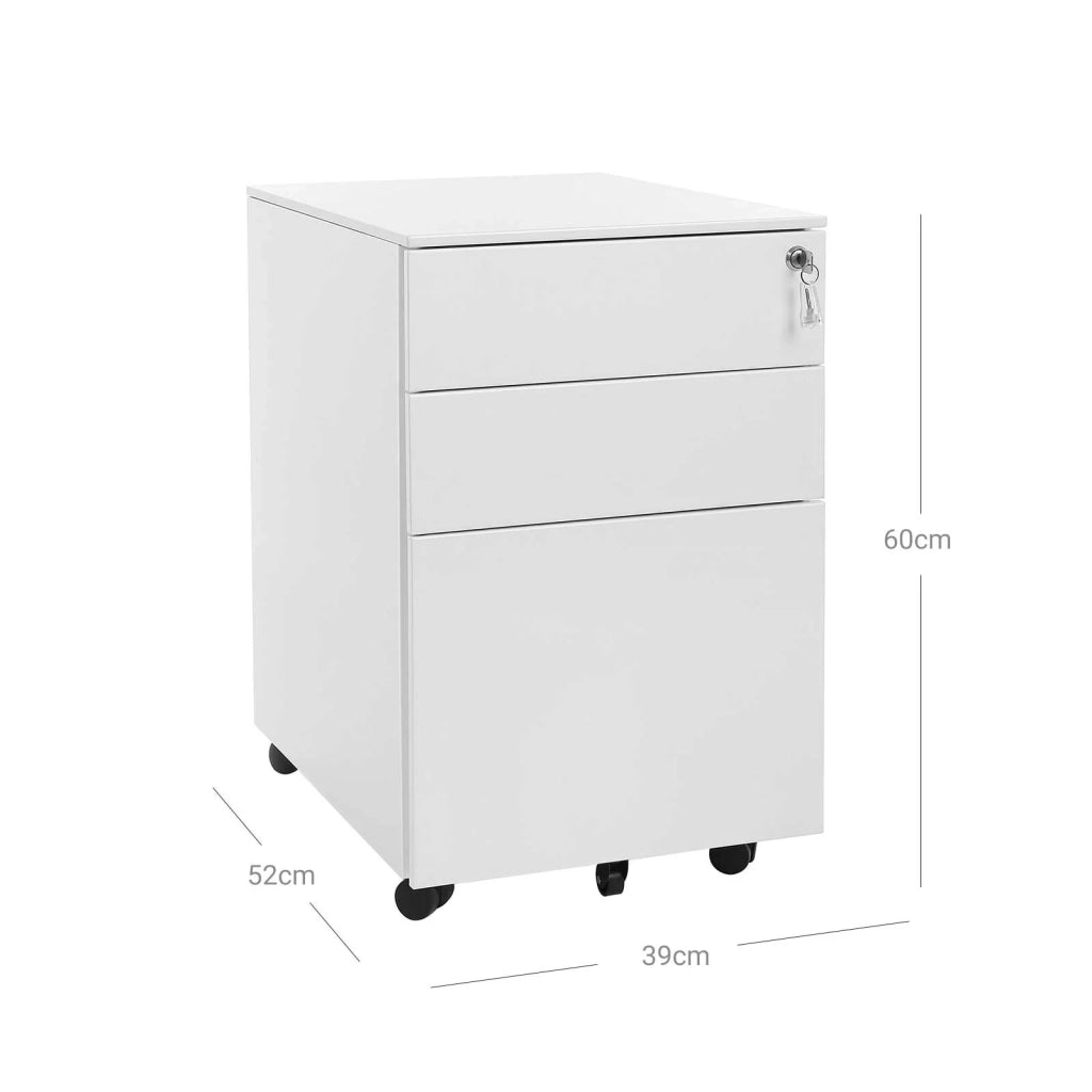 Cassettiera per ufficio su ruote con 3 cassetti e schedario sospeso 52 x 39 x 60 cm armadio per ufficio con serratura per archivi e documenti corpo dell'armadio preassemblato bianco 12_0004805