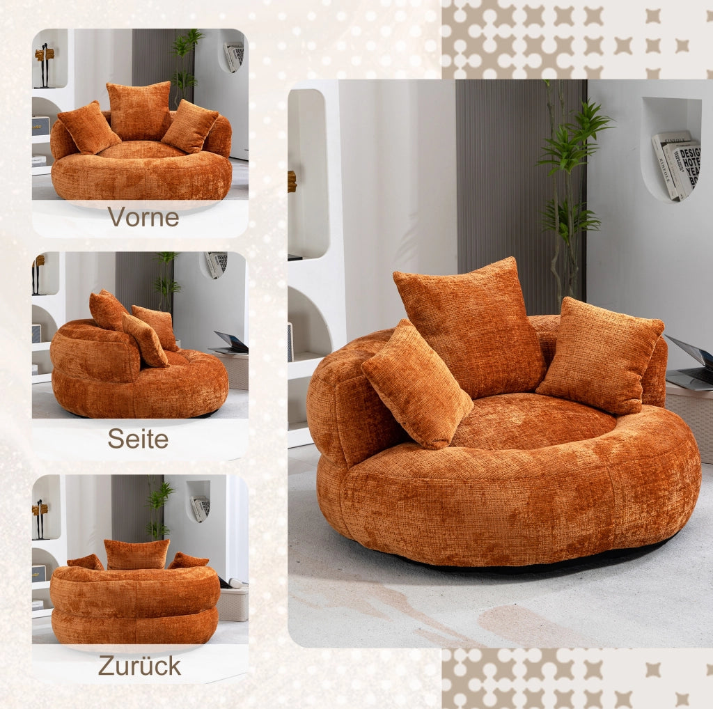 Sedia pouf lazy in chenille arancione 108x108x52 cm; con schienale alto e braccioli