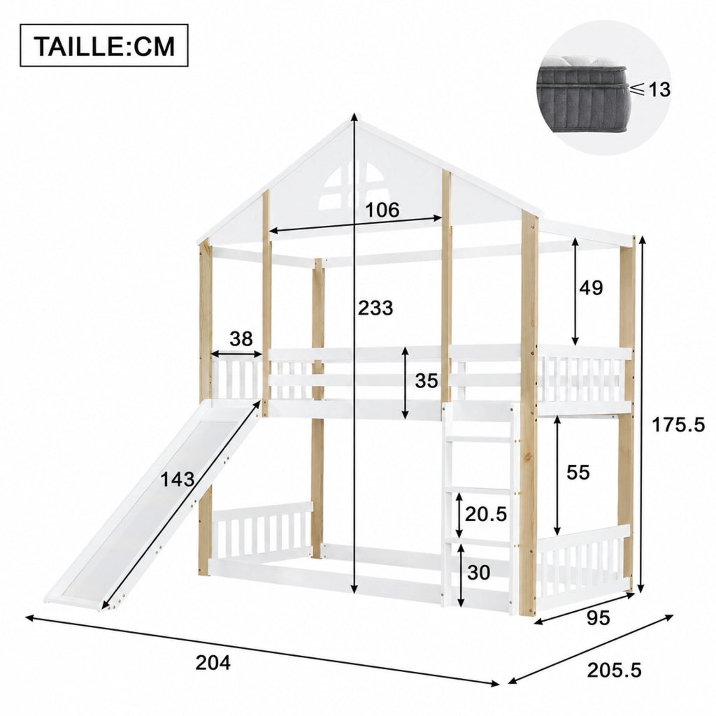 DESMIU Letto a castello 90 × 200 cm 2 posti con scivolo e scala, senza materasso, in legno massello e MDF, bianco e naturale