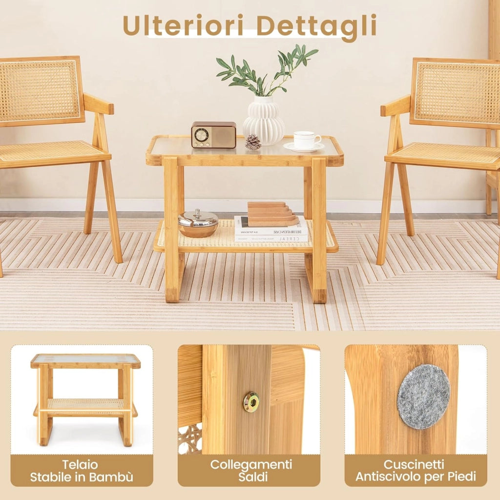 Tavolino Laterale in Bambù, Tavolino da Salotto a 2 Ripiani con Piano in Vetro e Ripiano in Rattan PE, Tavolino Basso e Multiuso per Camera da Letto e Soggiorno