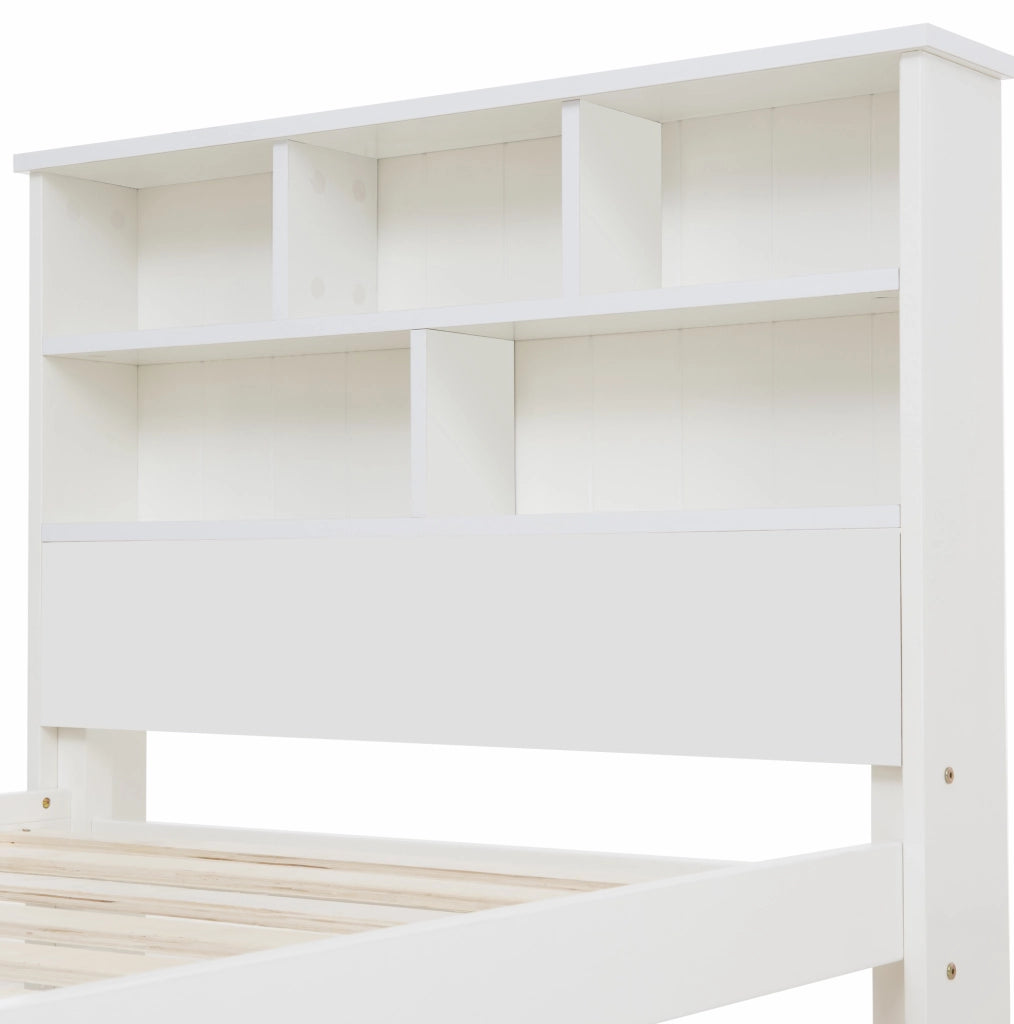 Letto singolo 90x200 cm con testiera a libreria e cassetti; legno; bianco (Senza materasso)