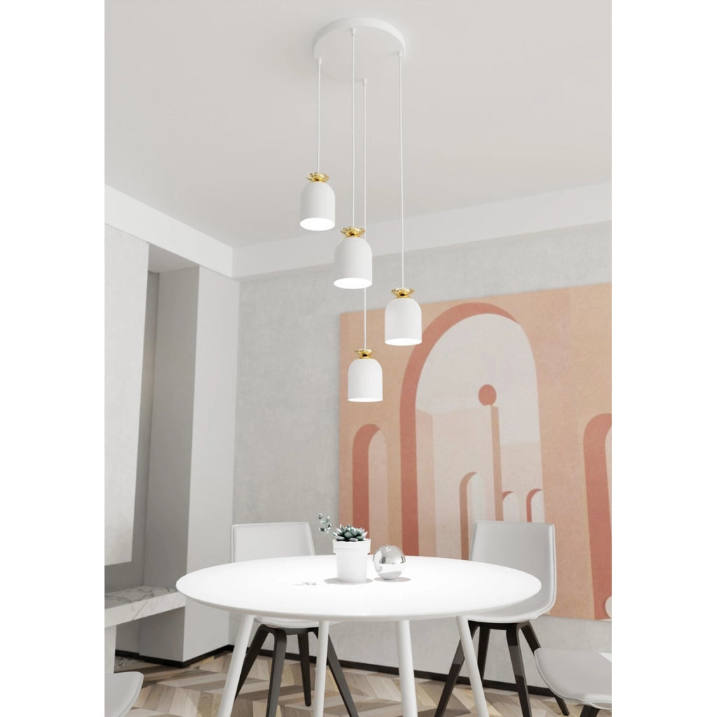 Lampada a sospensione Target in acciaio bianco e dettagli oro