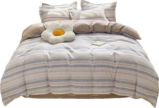 Set di coperte per letto in poliestere 100% con chiusura a righello - lavabile in lavatrice - a righe blu e grigie - coperta per letto 180x220 cm - lenzuolo 230x230 cm - 2 copri cuscino