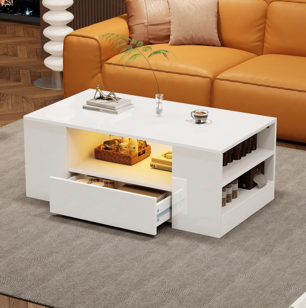 Tavolino da caffè LED con 2 cassetti e 2 ripiani; 95 x 53 x 37 cm; bianco