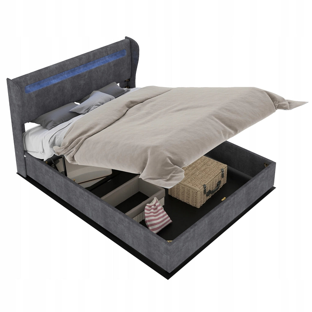 Letto imbottito 140x200 - Xylo - Grigio con LED e struttura sollevabile