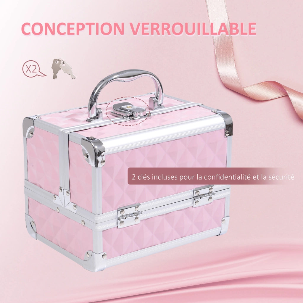 Mallette trucco 3 livelli con specchio e serratura ¨C zephmum ¨C rosa 20x15x15 cm