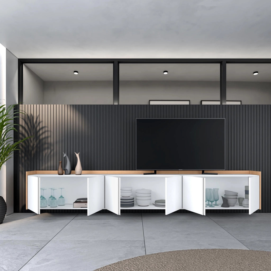 Mobile TV Soggiorno, 309x50x35 cm, Per TV fino a 80", Sospeso, da appendere, Bianco e Rovere soft