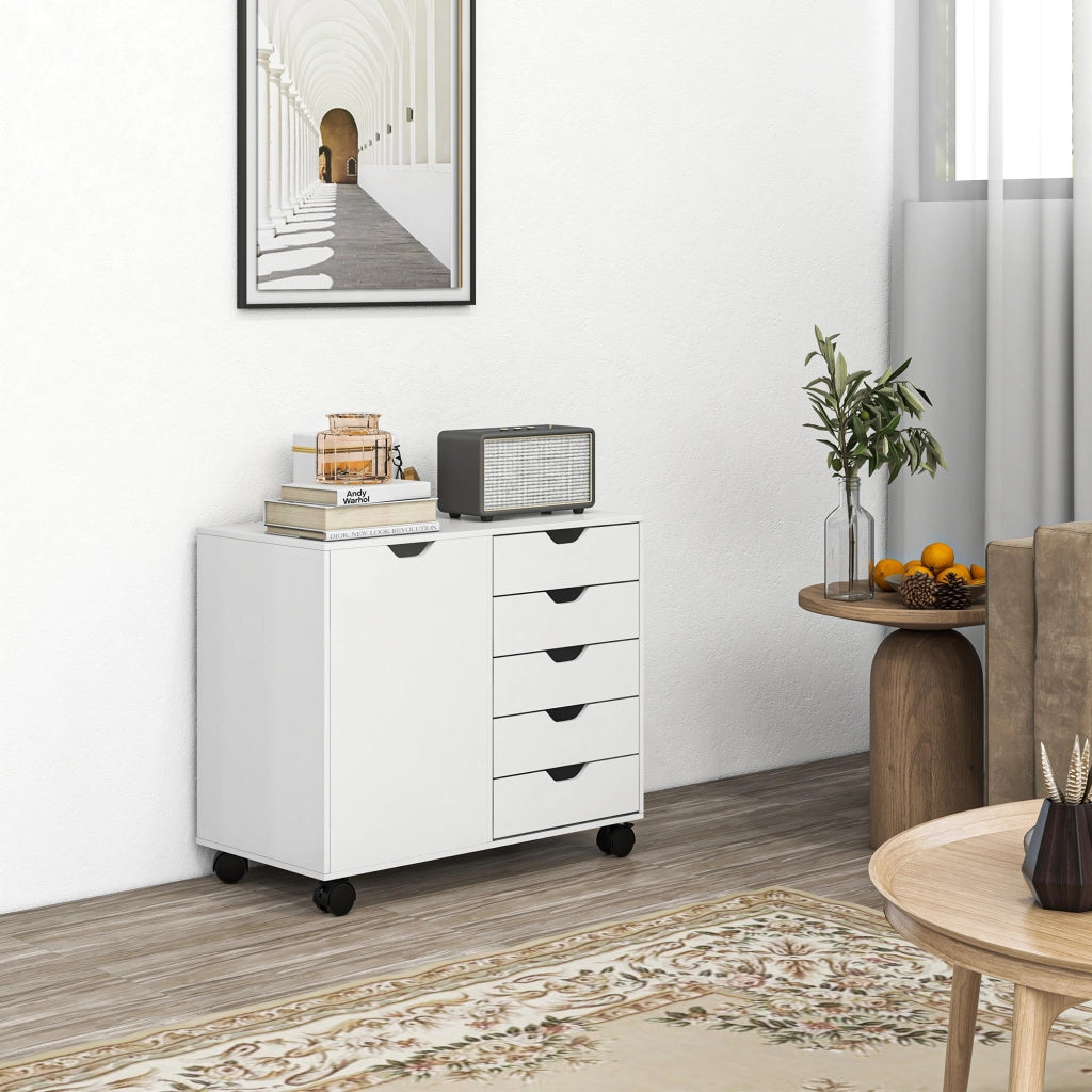 Cassettiera da Ufficio 78x40x66,5 cm Mobile Laterale con 5 Cassetti con Ruote in Melamina Bianco