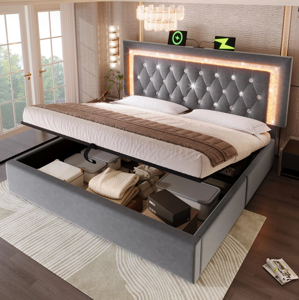Letto matrimoniale 140x200 cm in velluto con LED, USB e spazio contenitivo