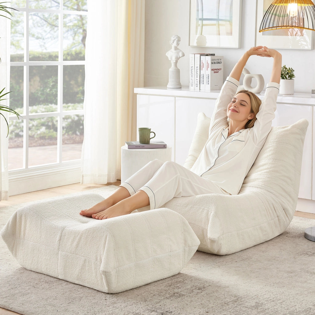 POLTRONA RELAX con poggiapiedi Set da 2 pezzi Teddy Beige