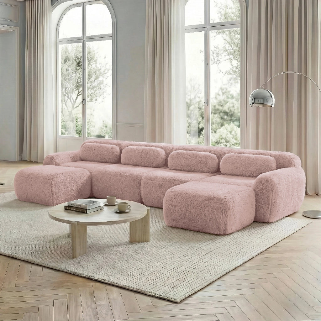 Divano Modulare a U con Cuscini ¨C MINIMAL ¨C Rosa, Tessuto Plush, Morbido