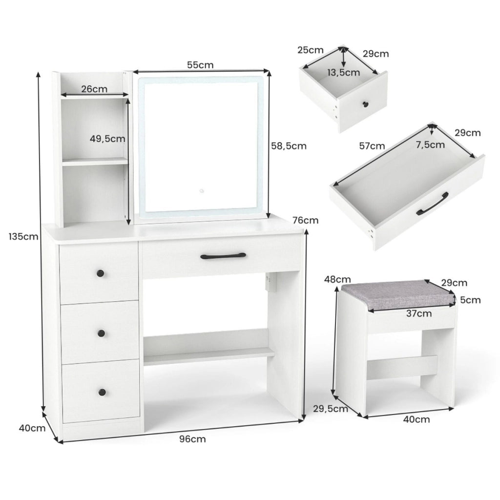 Toeletta con specchio scorrevole e luci per camera da letto, Set tavolo trucco con sedia e cuscino morbido