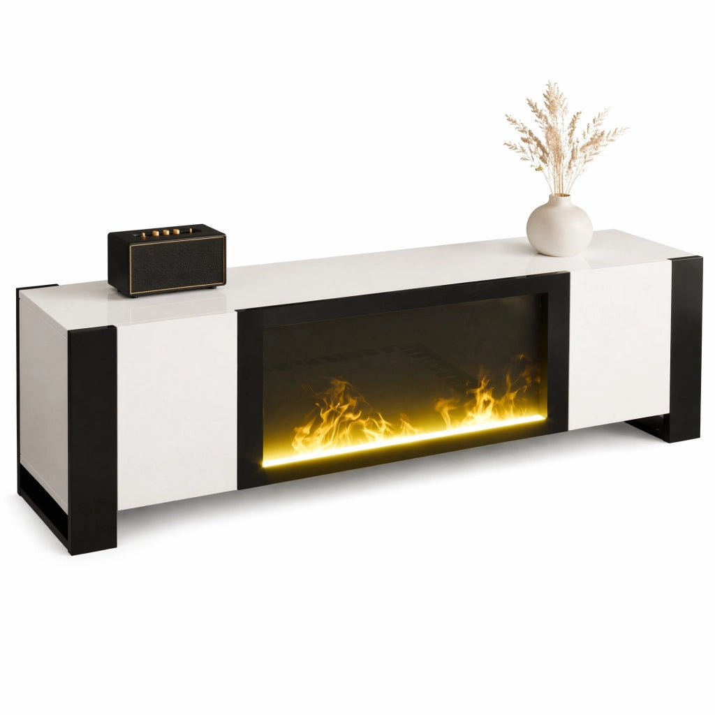 Mobile TV bianco e nero con camino elettrico decorativo 165 cm