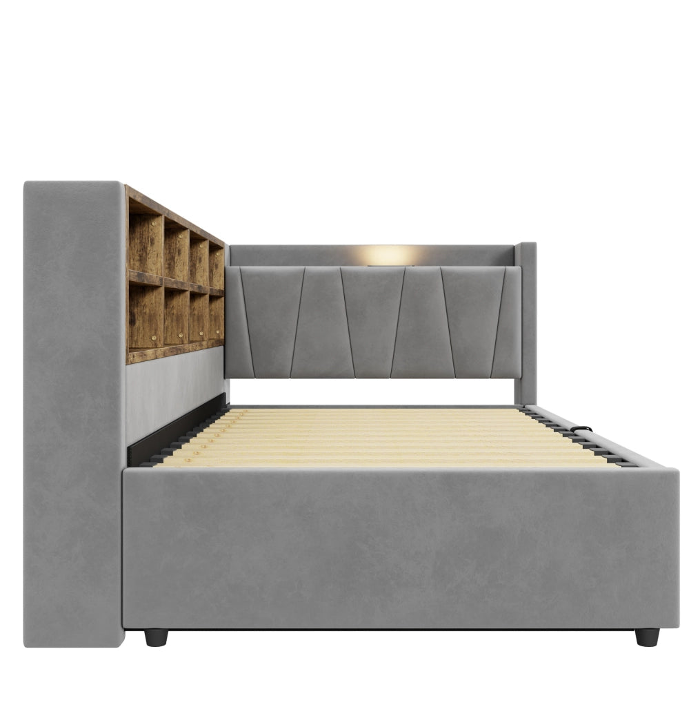 Letto imbottito 90x200 cm con contenitore idraulico; luce notturna; USB e Type-C; grigio