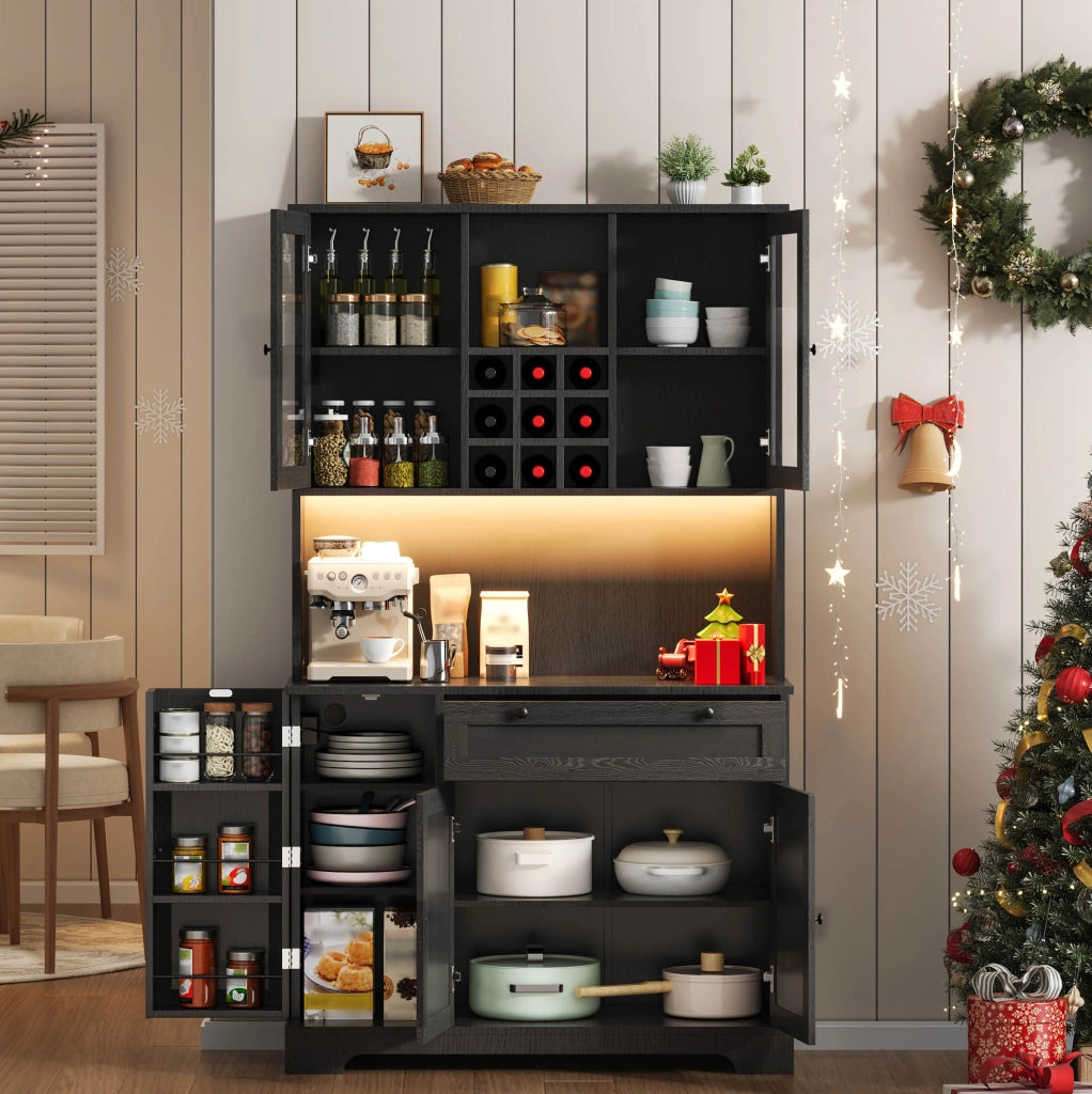 Credenza cucina alta 180x105x40 cm con LED; prese USB e AC; MDF nero