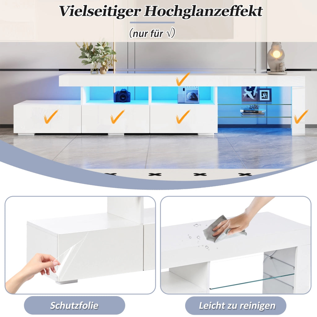 Mobile porta TV con LED, 3 cassetti e 7 vani contenitore, per soggiorno, bianco, 180 × 35 × 45 cm