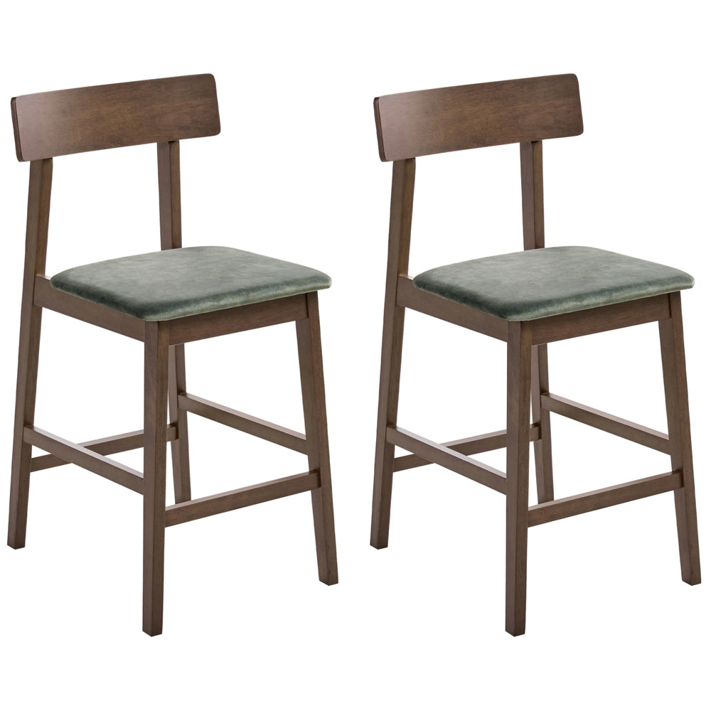 Set di 2 sedie da bar marrone scuro e verde con seduta in legno di gomma e poliestere, stile tradizionale retrò, per cucina e sala da pranzo