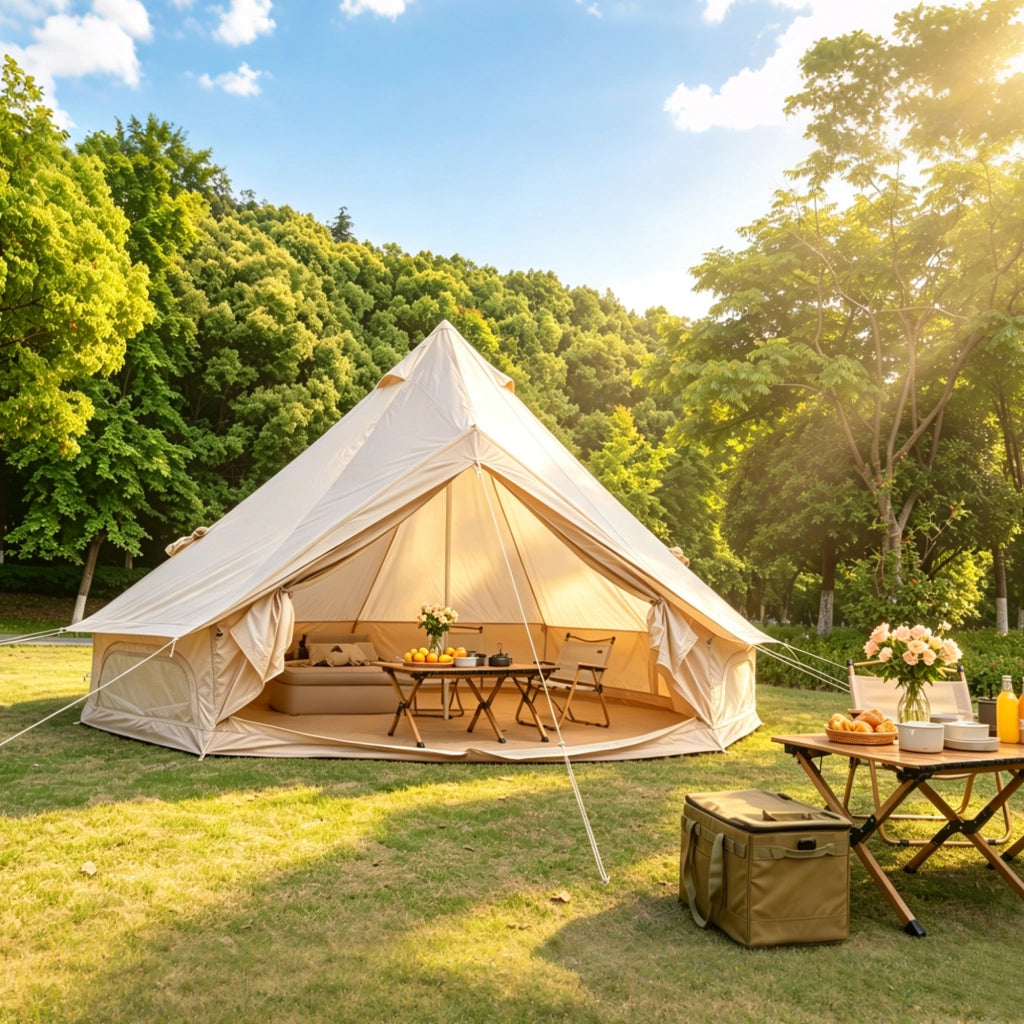 Tenda da campeggio a campana per 4-8 persone in poliestere beige con apertura per stufa per glamping