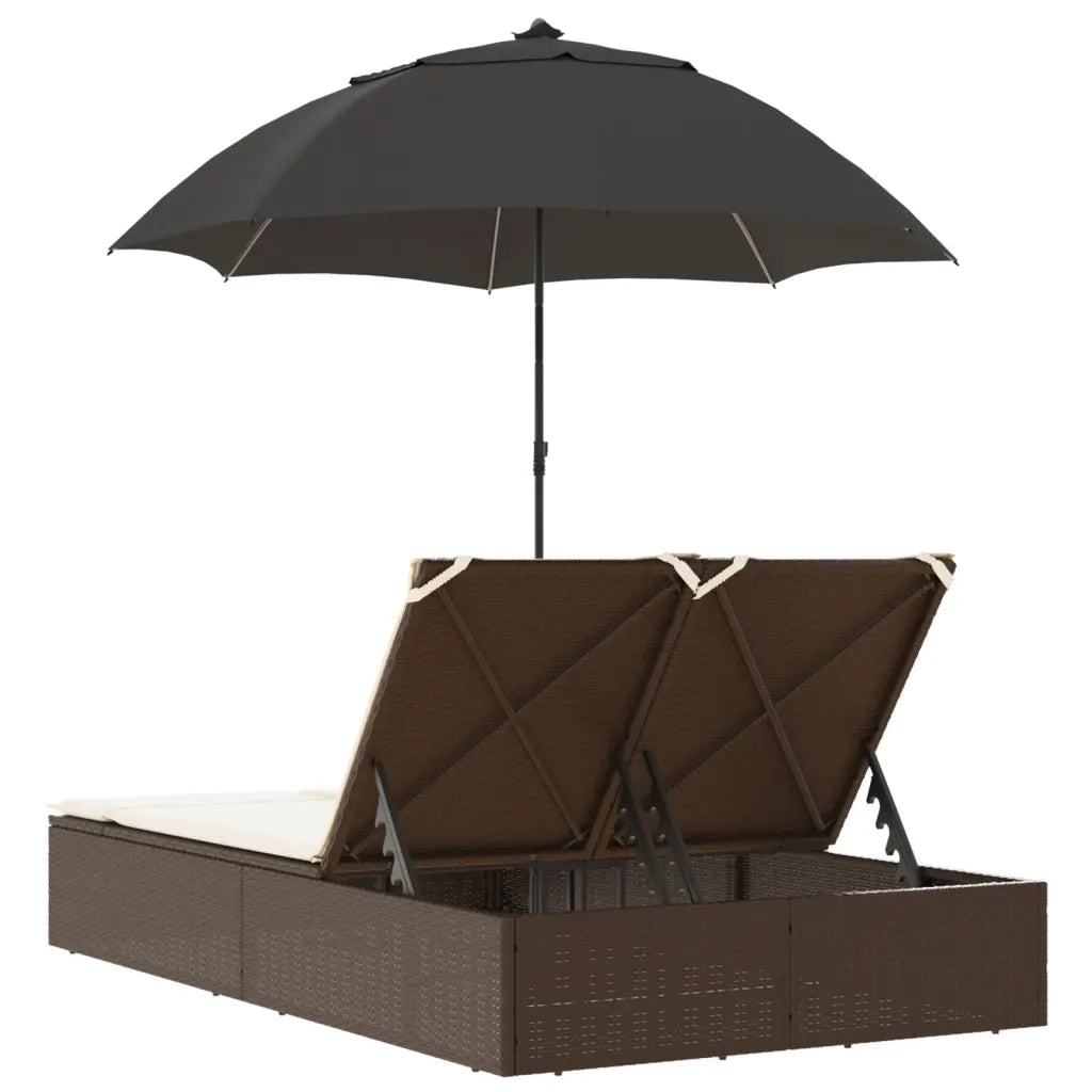Lettino Prendisole | Sdraio da giardino | Lettino da sole Doppio Cuscini e Parasole Marrone Polyrattan